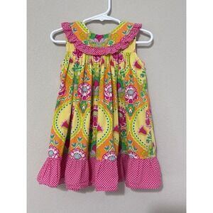 Three Sisters Yellow/Pink Paisley/Polka Dot Dress Ruffle Collar 18 Months Baby